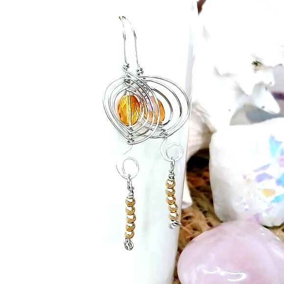 Boho Style Beaded Dangle Earrings, Wire Wrapped Glass, OOAK Statement Chic - Picture 4 of 9